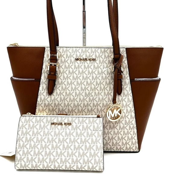 Michael Kors Large Charlotte Tote Bag & Large Double Zip Wallet Vanilla/Brown - Picture 1 of 12